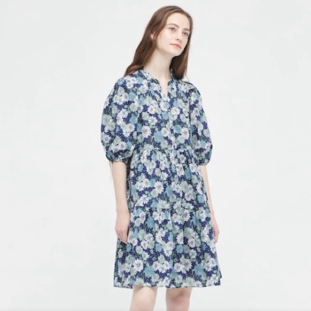 Uniqlo x Paul & Joe Navy Blue Floral Button Down Puff Sleeve Tiered Dress Size M
